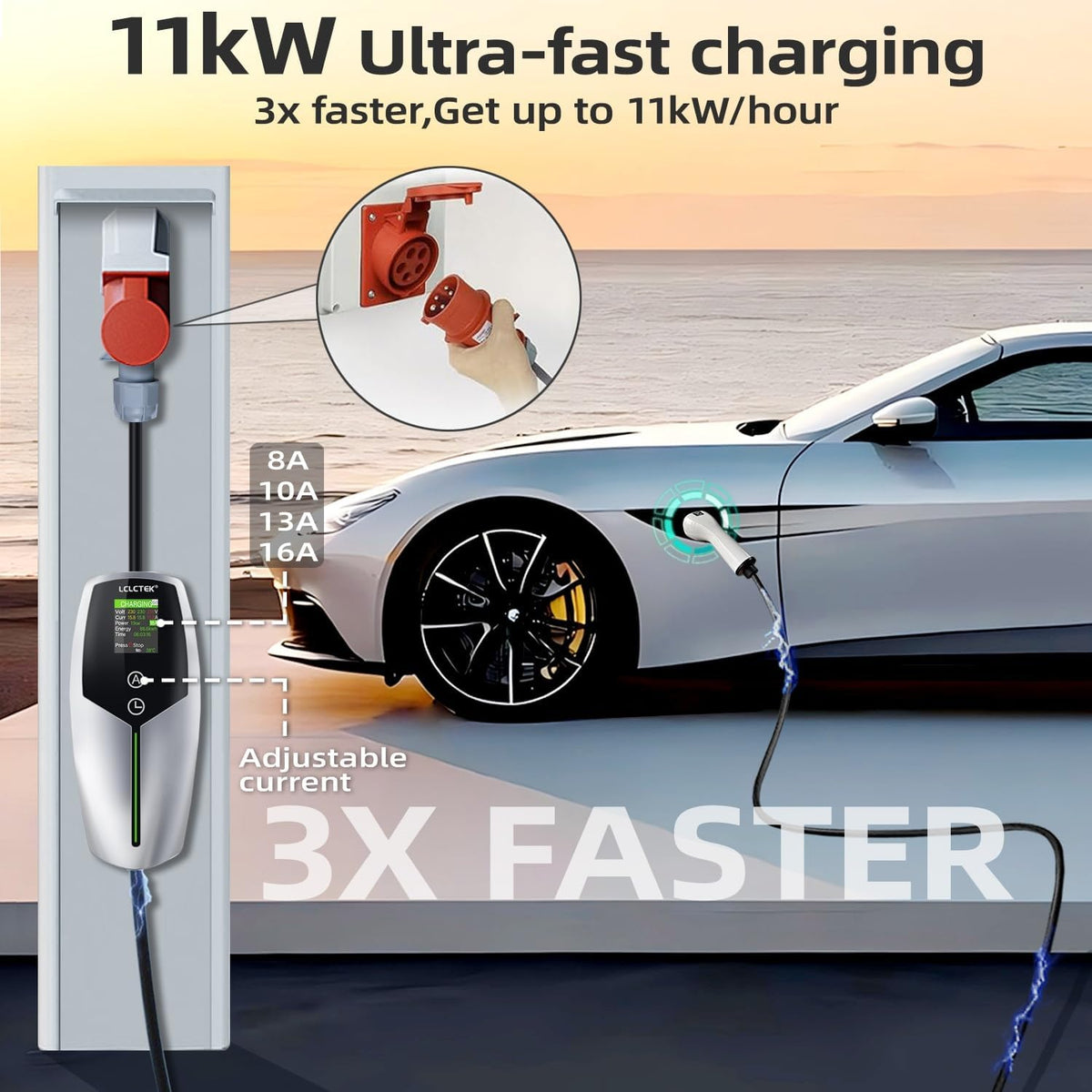 Mobile EV Wallbox/laadstation 11KW type 2 oplaadkabel [3-fasig|8~16A], draagbare auto EV oplader oplaadkabel type 2 met LED-display, tijdfunctie en IP65 waterdicht, voor EV PHEV IEC (6 m)