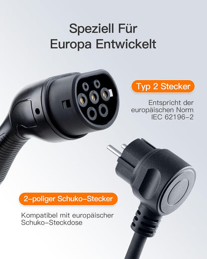 tomons Type 2 oplaadkabel Schuko 3,68 kW, eenfasig, 6-16A, 10M, EV oplader met regelbaar digitaal display en vertragingsfunctie