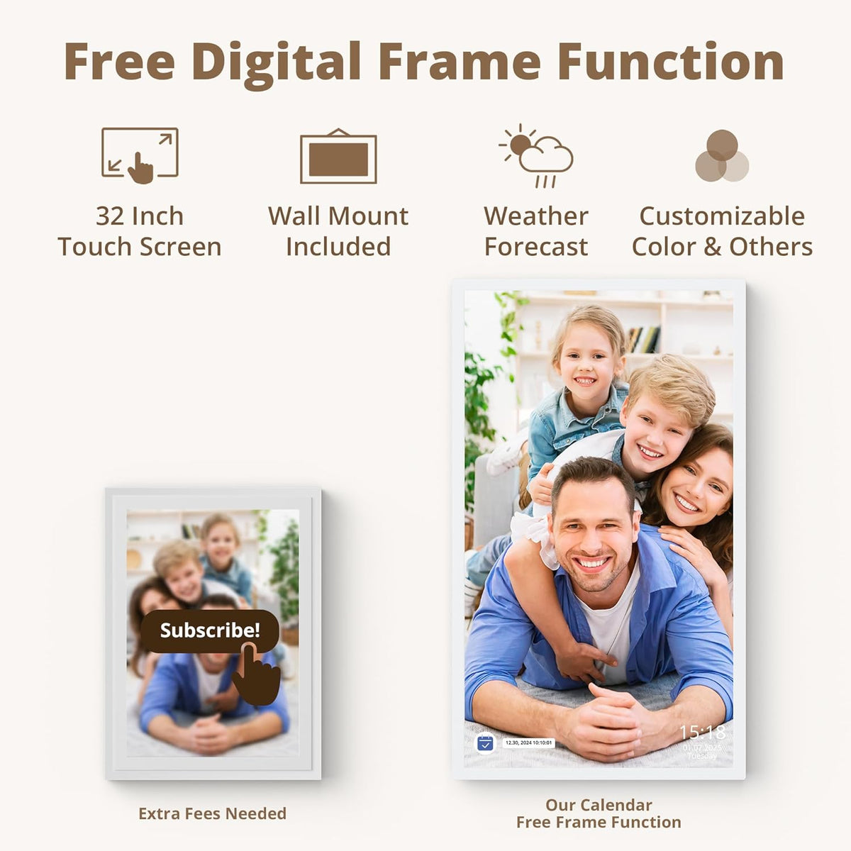 Dragon Touch Digitale kalender, 32 inch, 1920 x 1080 FHD, elektronische wandkalender, familieplanner met 32 GB geheugen en wandgemonteerde draaihouder, touchscreen, intelligente tafelkalender, wit