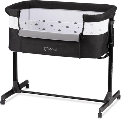 Momi Revo Multifunctionele bijzet- en kinderbed, 6-traps in hoogte verstelbaar van 72 tot 82 cm, met wielen, incl. matras, bevestigingsriemen, insectenbescherming en beugel met speelgoed