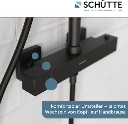 SCHÜTTE Trendto 60170 Douchesysteem met thermostaat, doucheset met grote regendouche (32 x 20 cm) en verstelbare handdouche, doucheset met douchestang, douchezuil, douchepaneel, zwart