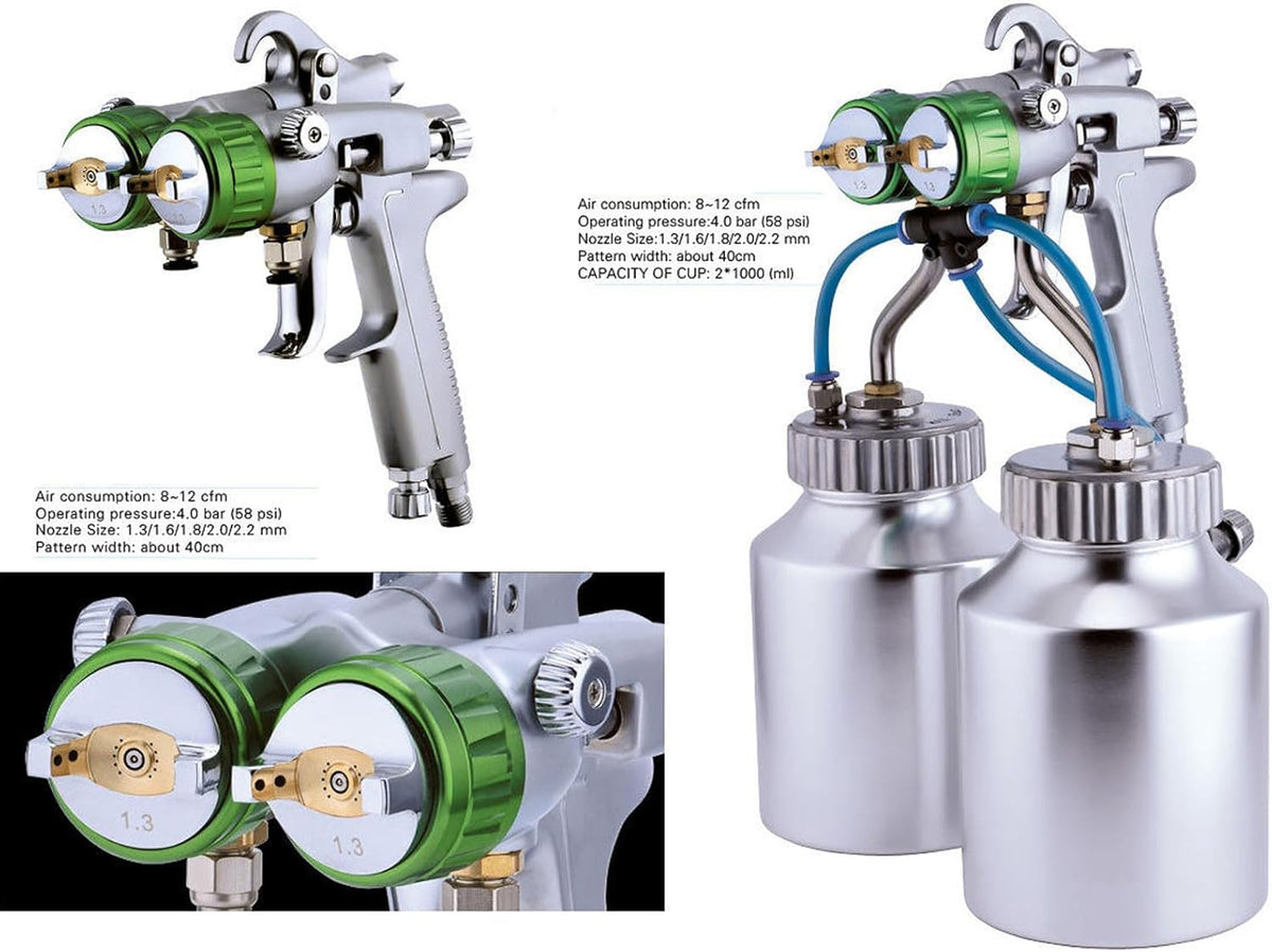 Spuitpistool Met Dubbel Mondstuk – Verfspuit – Airbrush – Spray Gun – Schilderpistool – Pneumatisch Ontwerp – Roestvrijstalen Mondstuk – 1200 TPM – 1,3 mm Diameter