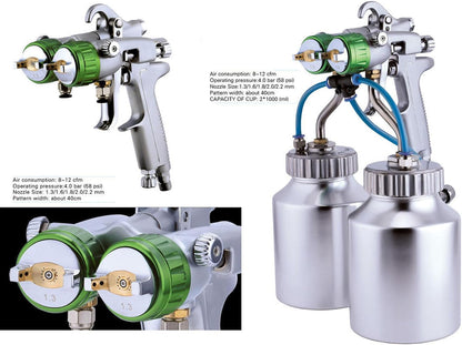 Spuitpistool Met Dubbel Mondstuk – Verfspuit – Airbrush – Spray Gun – Schilderpistool – Pneumatisch Ontwerp – Roestvrijstalen Mondstuk – 1200 TPM – 1,3 mm Diameter