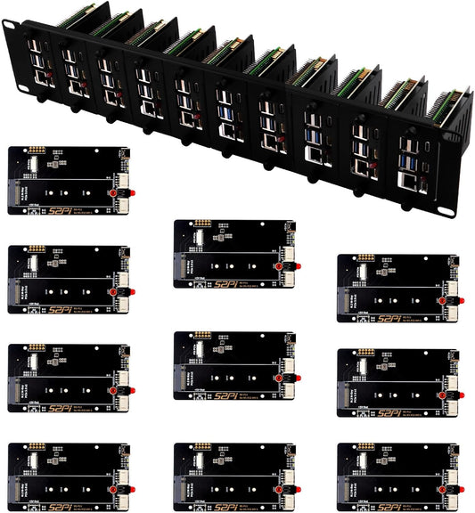GeeekPi 19" 2U rackmontage voor Raspberry Pi 5, met 10 stuks PCIe naar M.2 NVMe SSD-adapters, geschikt voor maximaal 10 Raspberry Pi 5/4B-borden, compatibel met 19" serverrack