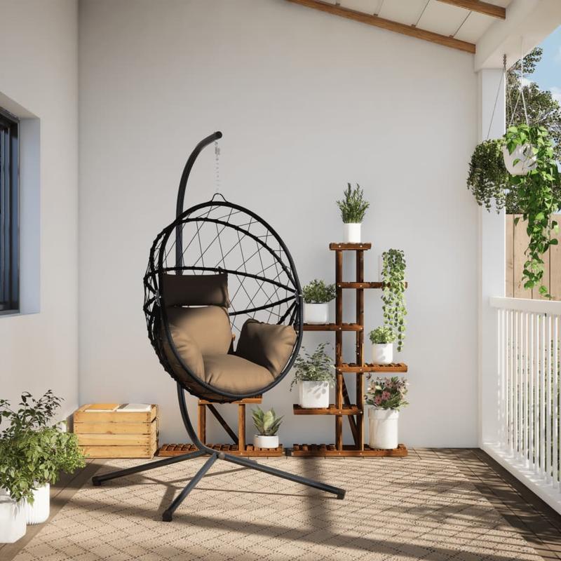 Hangstoel – Egg Chair – Tuinstoel – Hangstoel Met Standaard – Losse Hangstoel – Taupe Kleur – Zwart Rattan Frame – Inclusief 2 Kussens – Met Zijvakken
