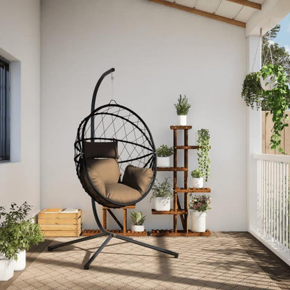 Hangstoel – Egg Chair – Tuinstoel – Hangstoel Met Standaard – Losse Hangstoel – Taupe Kleur – Zwart Rattan Frame – Inclusief 2 Kussens – Met Zijvakken