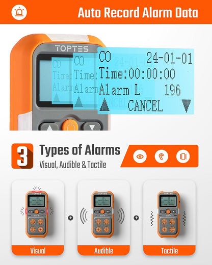 TopTes Guard-101 4 Gasmonitor Multi Gasdetector voor H2S, CO, LEL en O2, met trillingen, visuele en hoorbare alarmen, 14 uur lange batterijduur, explosiebestendige veiligheid, gasmonitor voor werk