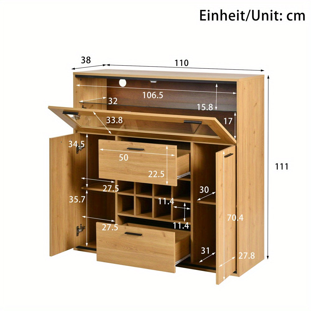 Dressoir – Opbergkast – Buffetkast – Ladekast – Kast – Rustiek Design – Dubbele Deuren & Wijnrek – 110x111x38 cm Natuurlijk