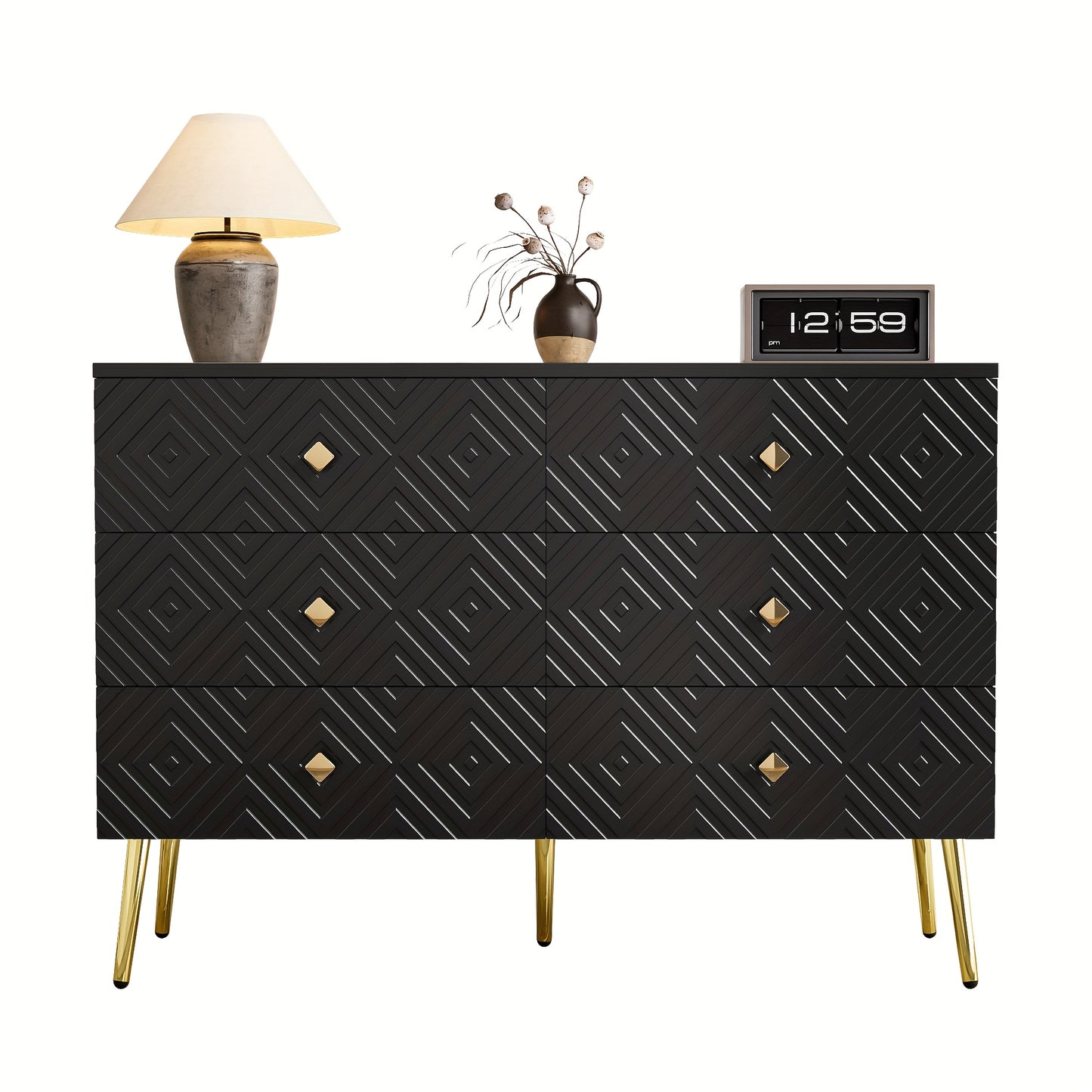 Ladekast – Ladenkast – Commode – Opbergkast – Dressoir – Zes Lades – Modern Ontwerp – 120x40x80 cm – Zwart Met Gouden Accenten – Metalen Poten – Stevig & Duurzaam