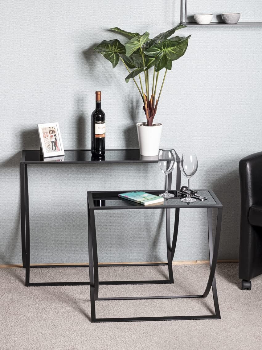 HAKU Bijzettafel set van 2 zwart, Metaal, veiligheidsglas - Maat: B 60/80 cm x H Beistelltisch 2er Set/65 cm x D 30/30 cm, Stijl: Modern