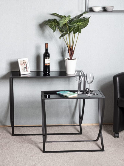 HAKU Bijzettafel set van 2 zwart, Metaal, veiligheidsglas - Maat: B 60/80 cm x H Beistelltisch 2er Set/65 cm x D 30/30 cm, Stijl: Modern