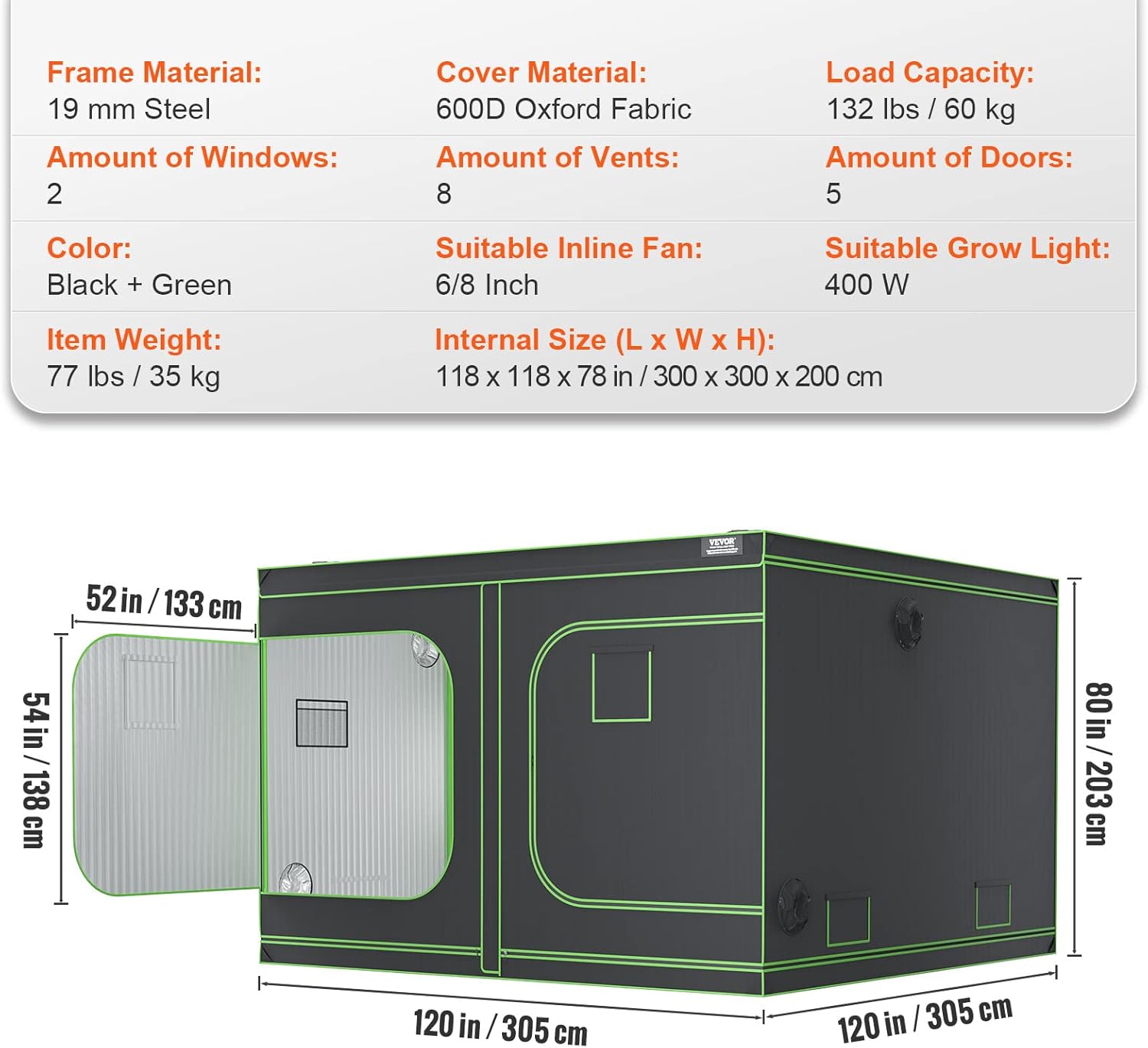 VEVOR Growbox 305 x 305 x 203 cm Greenhouse Made of 19 mm Steel Frame and 600D Oxford Fabric Grow Tent, 60 kg Load Capacity Grow Box, Suitable for 400 W Grow Light, Indoor Grow Tent - QUORE