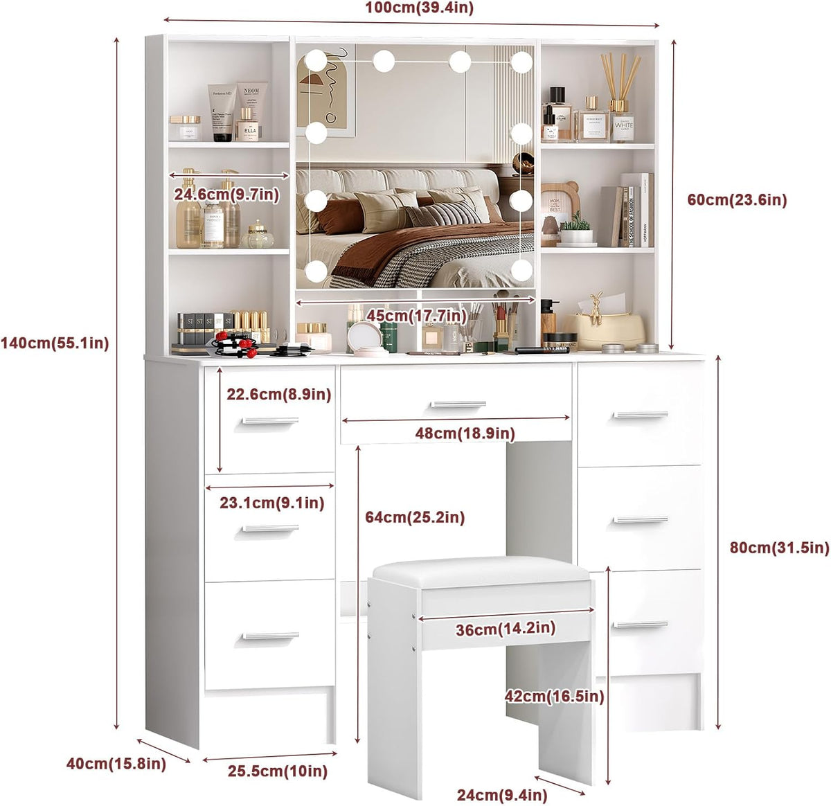 Large Dressing Table with Lights and Stool, 3 Colour Temperatures and Adjustable Brightness, Dressing Table with Mirror for Makeup, Makeup Table with 7 Drawers, Modern, White - QUORE