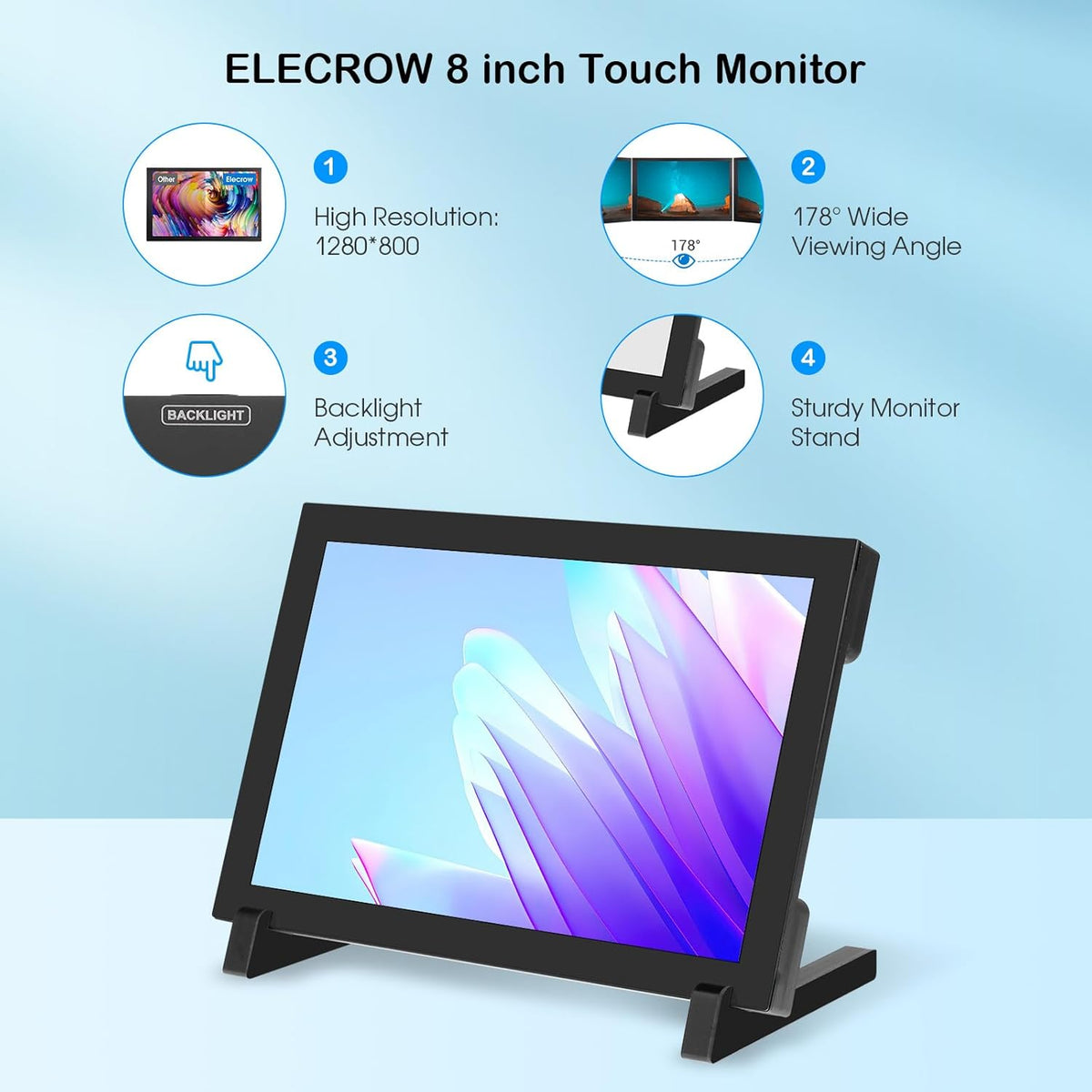 8 Inch Touchscreen Monitor – Mini Monitor – HDMI Monitor – IPS Display – Raspberry Pi Scherm – 1280 x 800 HD – Capacitief 5-Punts Touchscreen