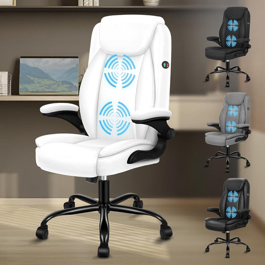 ALFORDSON Massage Bureaustoel, Ergonomische Computerstoel met Armleuning, Kunstleren Bureaustoel, Draagvermogen 150 kg, Rugleuning 90-135°, In Hoogte Verstelbaar, Wit