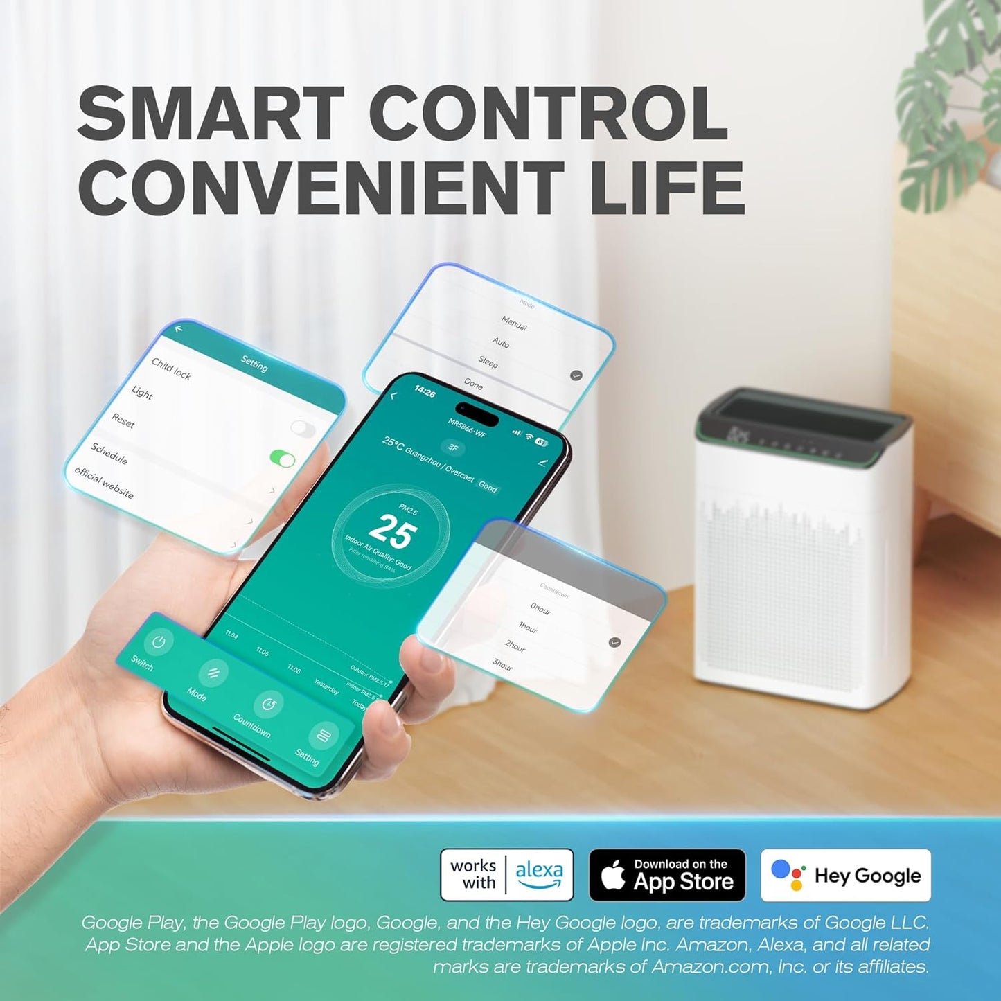 Luchtreiniger met allergieën voor woning, rookkamer, luchtzuiveraar, CADR 340 m³/h voor 157 m³ rookkamer, PM 2,5 luchtkwaliteitsmonitor, wifi- en Alexa-compatibel, 1 verpakking + 4 modi