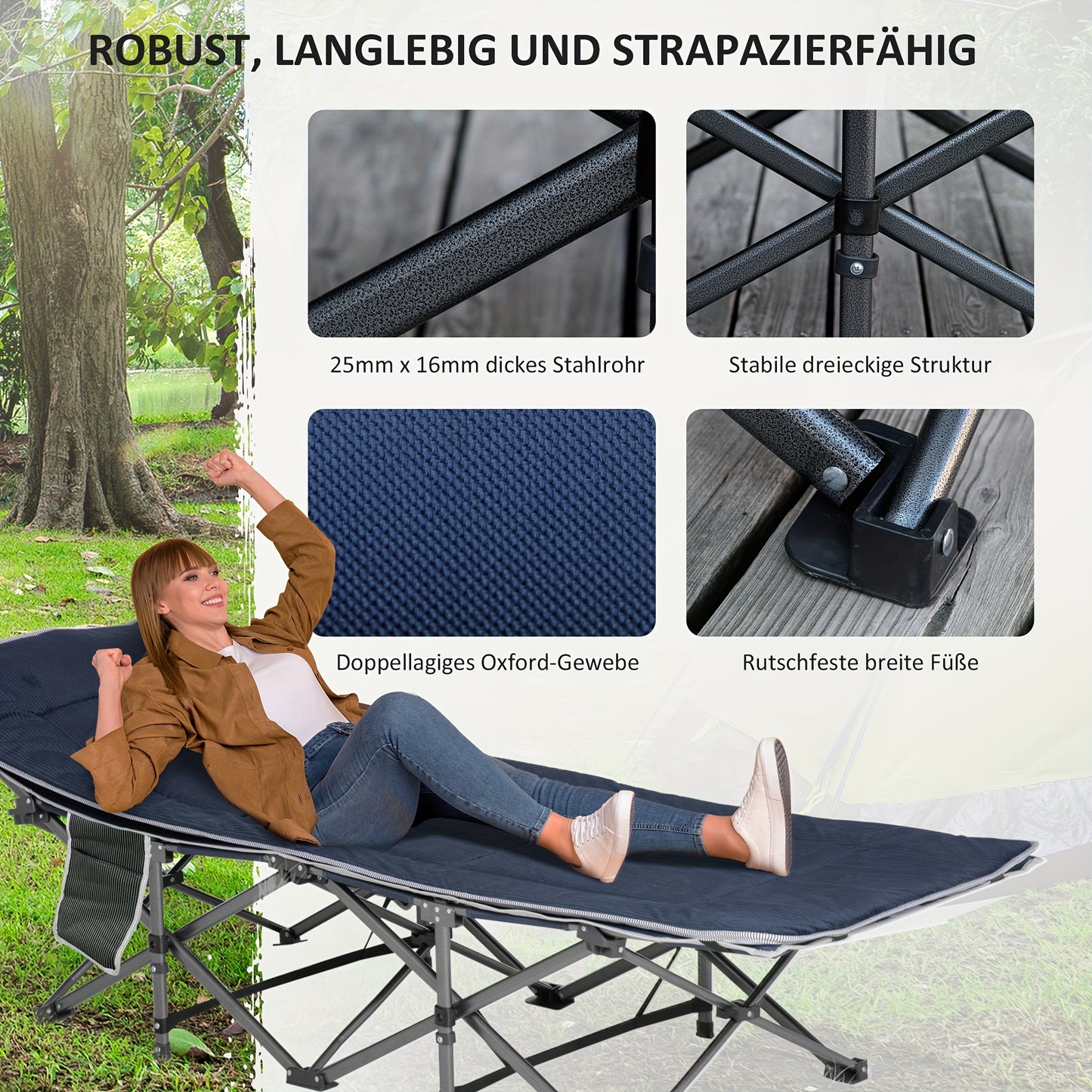 Campingbed – Reisbed – Opvouwbaar Bedje – Campingbedje Baby – Tentbed – Stevig Metalen Frame – Draagkracht 150 kg – Inclusief Matras En Kussen – Donkerblauw 188x64,5x53 cm