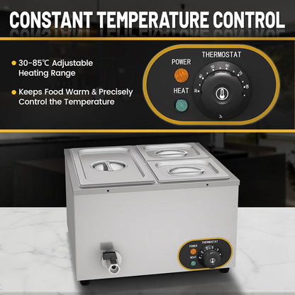 Elektrisch waterbad van roestvrij staal, voedselwarmer buffet, 1 x 1/3 GN container + 2 x 1/6, met deksel, instelbare temperatuur 30 °C - 85 °C