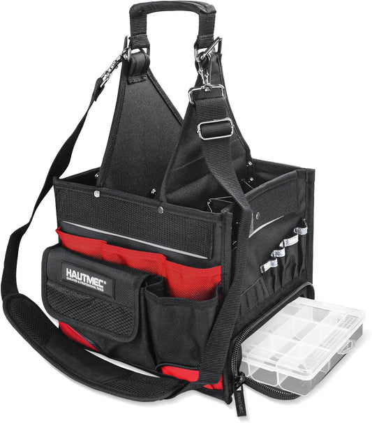 HAUTMEC Elektricien Gereedschapstas met onderdelenlade, waterbestendige HVAC-gereedschapstas, Heavy-Duty 37-Pocket Open Top Tool Tote met versterkte basis, verstelbare schouderriem - HT0174