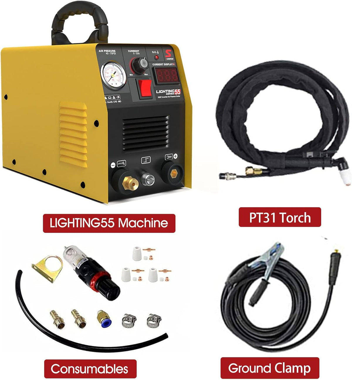 SUSEMSE Plasmasnijder 55 ampère IGBT inverter plasma cutter CUT55 plasma lasapparaat (DC, 230V, snijstroom 20-55A, snijvermogen max tot 14mm) - met plasmabrander en plasma sproeiers set