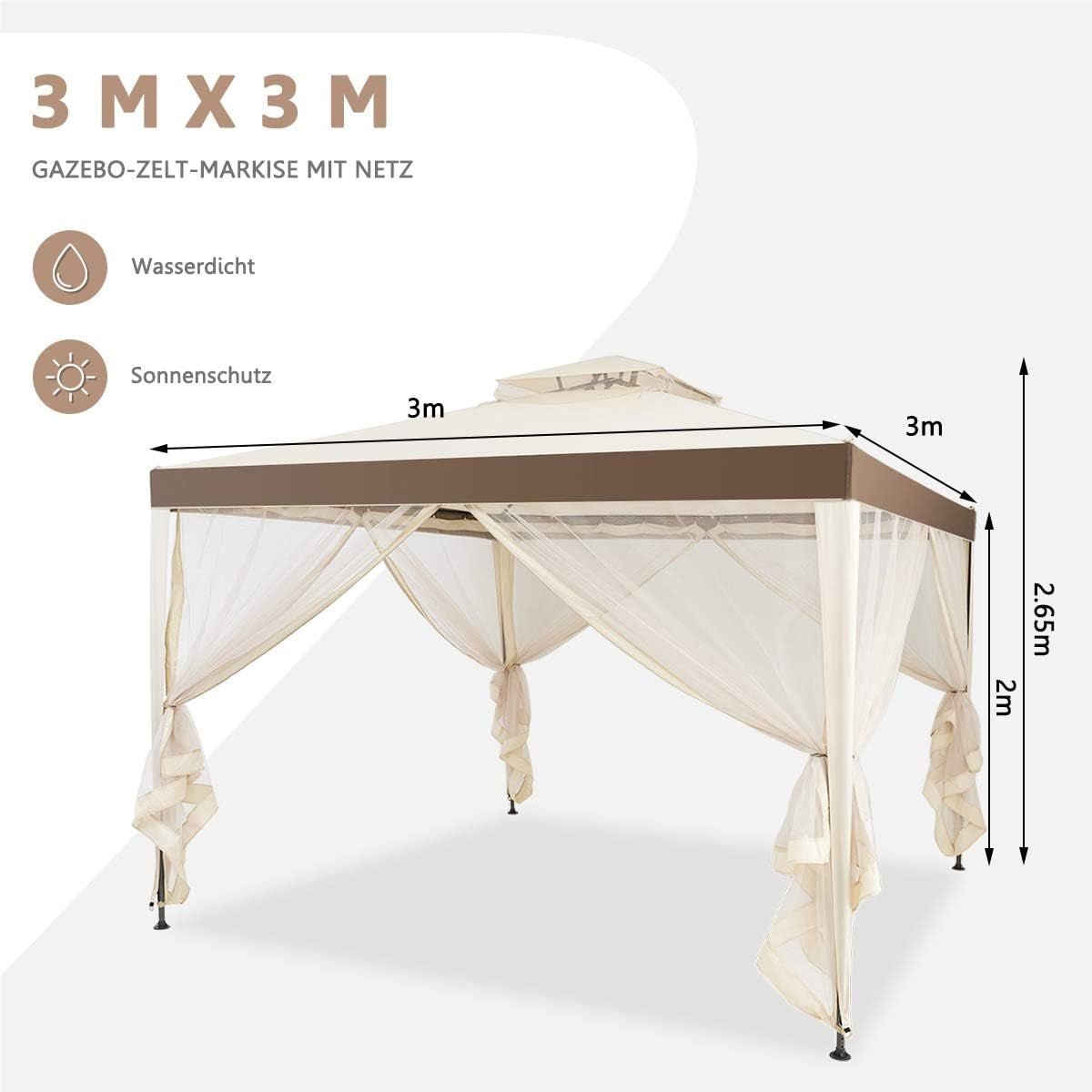Paviljoen – Tuinkamer – Partytent – Zonnescherm – Buitentent – 3x3 meter – Waterafstotend polyester met insectennet – Roestvrij stalen frame