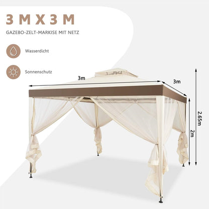 Paviljoen – Tuinkamer – Partytent – Zonnescherm – Buitentent – 3x3 meter – Waterafstotend polyester met insectennet – Roestvrij stalen frame