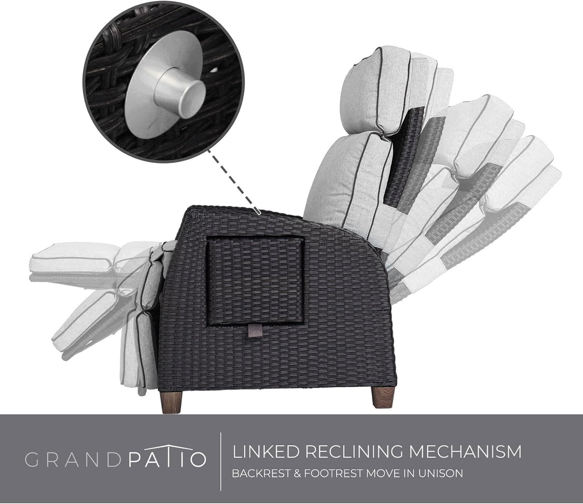 Grand patio Sun lounger with cushion, armrests, aluminium frame, adjustable backrest, rattan, indoor and outdoor use, cream cushion and grey rattan - QUORE