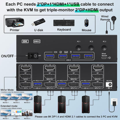 USB 3.0 KVM Switch 3 PC 3 Monitoren 8K@60Hz 4K@144Hz, HDMI+2 DisplayPort MLEEDA KVM Switch 3 Monitor Voor 3 PC Share 3 Monitoren en 4 USB 3.0 Apparaten met 12 V Voeding, Kabelcontroller, 3 * USB Kable