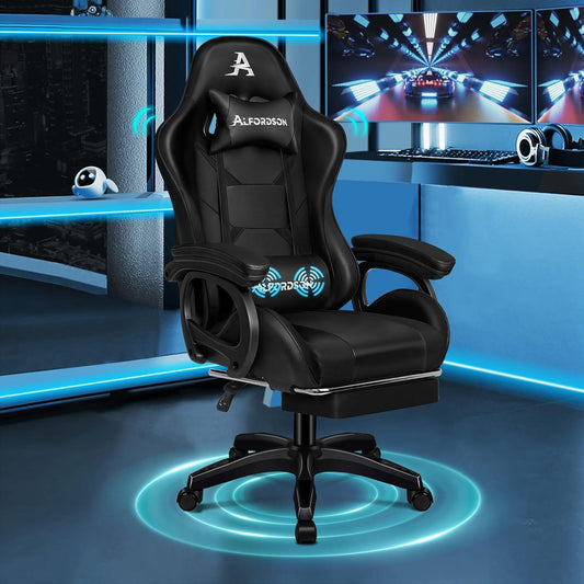 ALFORDSON Massage Gamer Chair, Computer Office Chair with Footrest, 2-Point Massage Chair, 180 kg Load Capacity, 90-150° Adjustable Backrest, Ergonomic PC Chair, 360° Rotatable, Black - QUORE
