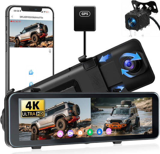 Spiegel Dashcam met Achteruitrijcamera – Dashcam, Autocamera, Spiegelcamera, Rijcamera – 10,88 Inch IPS-Touchscreen – 4K Voorcamera En 1080p Achtercamera