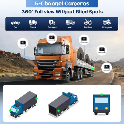 Achteruitrijcamera, set van 5 camera's, 10,1 inch, IPS HD-monitor, IP68 waterdicht, nachtzicht, BSD, loop-video, DVR, USB, full-colour achtercamera voor vrachtwagen, campers, aanhanger, bus