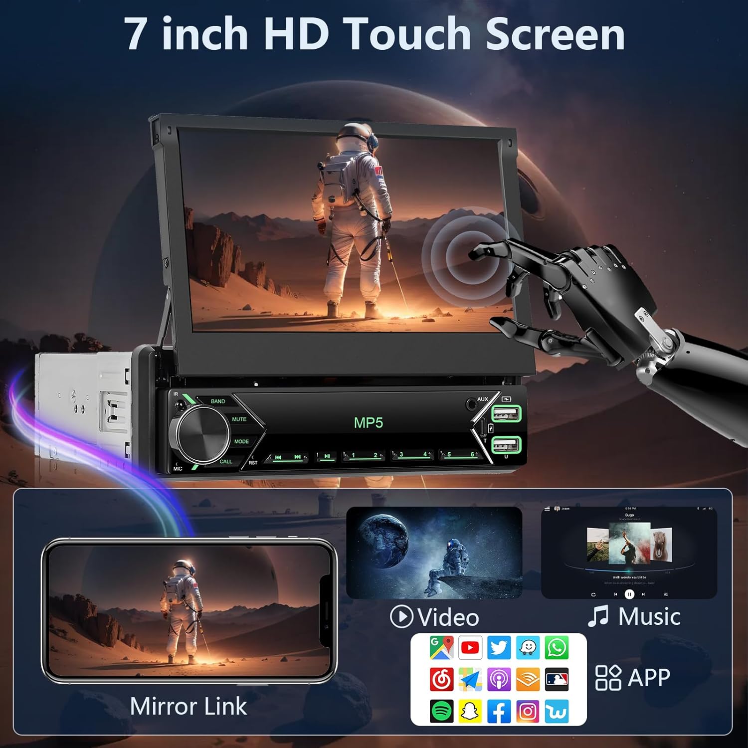 1 DIN Autoradio – Multimedia Radio – DAB+ Radio – CarPlay Radio – Android Auto Radio – 7 Inch Uitschuifbaar Touchscreen – Draadloos CarPlay & Achteruitrijcamera - QUORE
