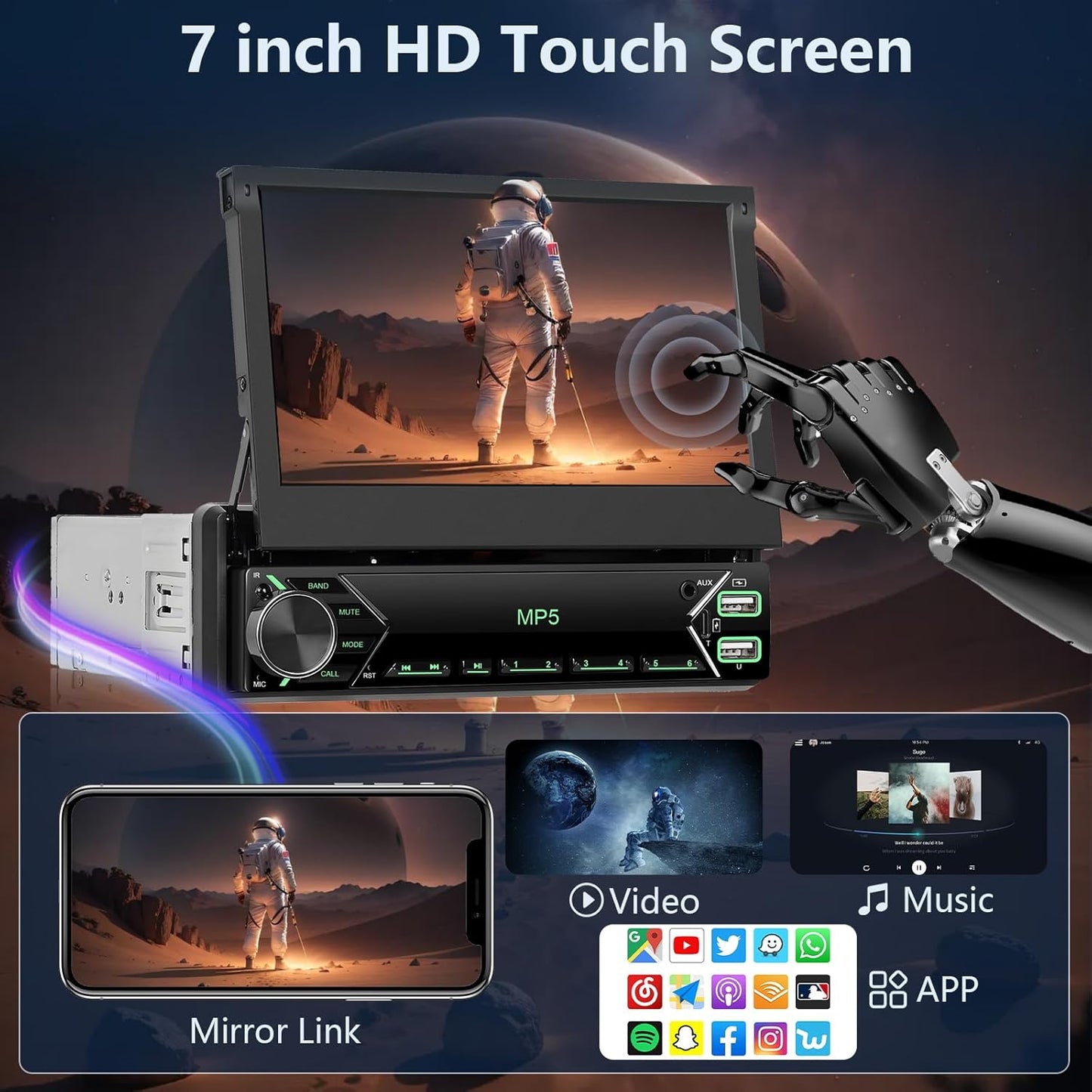 Dutch Brand Draadloze Carplay autoradio 1 Din met DAB+/DAB adapter voor Android Auto 7 inch uitschuifbaar scherm met Mirror Link, Bluetooth, FM- en USB-radio, AUX stuurbediening en achteruitrijcamera