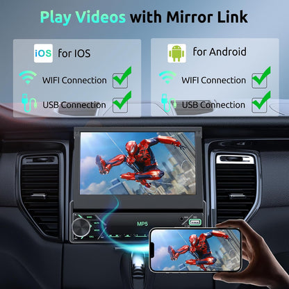 Autoradio, 1 Din met draadloze Carplay Android auto, 7 inch IPS HD, handmatige flip-touchscreen-radio, ondersteuning Bluetooth Link spiegel, DAB FM 2 USB Type-C stuurwielbedieningselementen