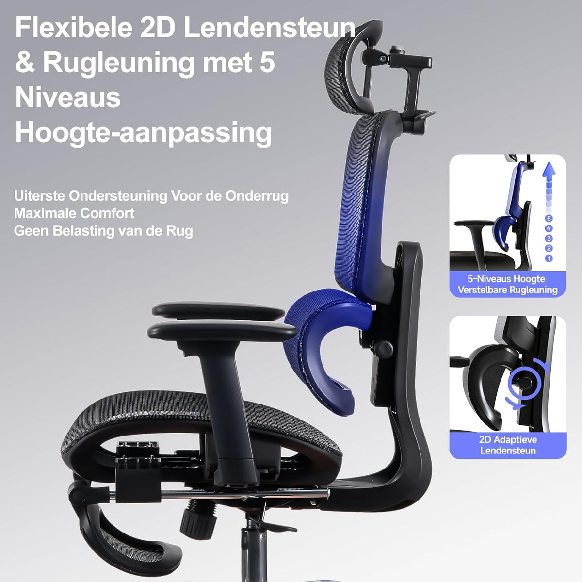 Ergonomische Bureaustoel met Voetensteun - 5-Zones Verstelbare Rugleuning, 2D Lendensteun, 3D Arm-/Hoofdsteun, 145° Kantelfunctie + Ademend Net voor Kantoor/Thuiswerk/Studie, Zwart