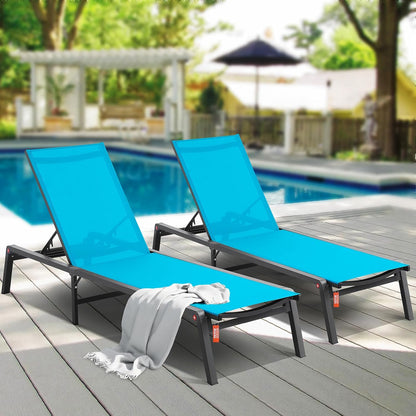 VEVOR Tuinligbed voor buiten, 2 stuks, inklapbaar, van aluminium, voor terras, met 5 verstelbare posities, volledig plat, voor strand, zwembad, outdoor, terras, blauw