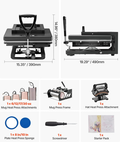 VEVOR Hybride warmtepers, 15 x 15 inch, 8-in-1 multifunctioneel, snel en gelijkmatig opwarmen, gloednieuw gepatenteerd ontwerp, eenvoudig te bedienen, sublimatiepersmachine voor T-shirts, mokken
