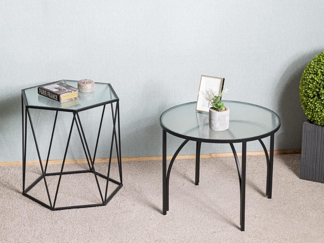 HAKU Bijzettafel zwart, Metaal, veiligheidsglas - Maat: H 40 cm x Ø 50 cm, Stijl: Modern