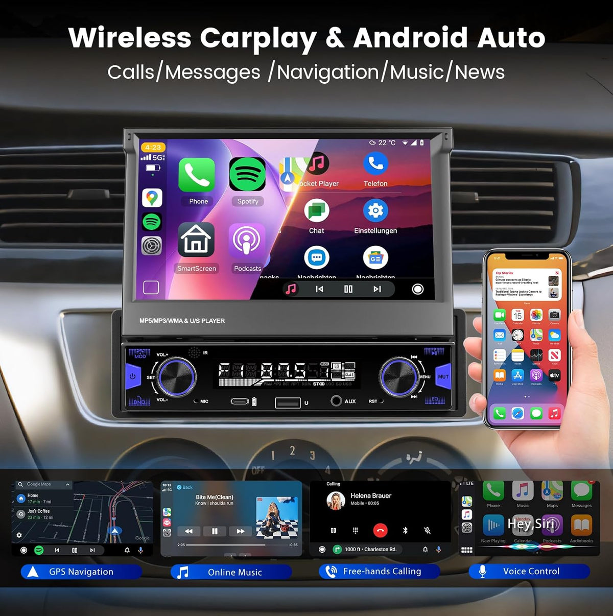 Hodozzy Autoradio 1 DIN met Carplay Android auto, draadloos, uittrekbaar touchscreen, 7 inch (17,8 cm), Bluetooth radio FM/AM/RDS, MP5-radio met MirrorLink/USB/AUX/Type-C + stuurbediening en camera