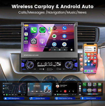 Hodozzy Autoradio 1 DIN met Carplay Android auto, draadloos, uittrekbaar touchscreen, 7 inch (17,8 cm), Bluetooth radio FM/AM/RDS, MP5-radio met MirrorLink/USB/AUX/Type-C + stuurbediening en camera