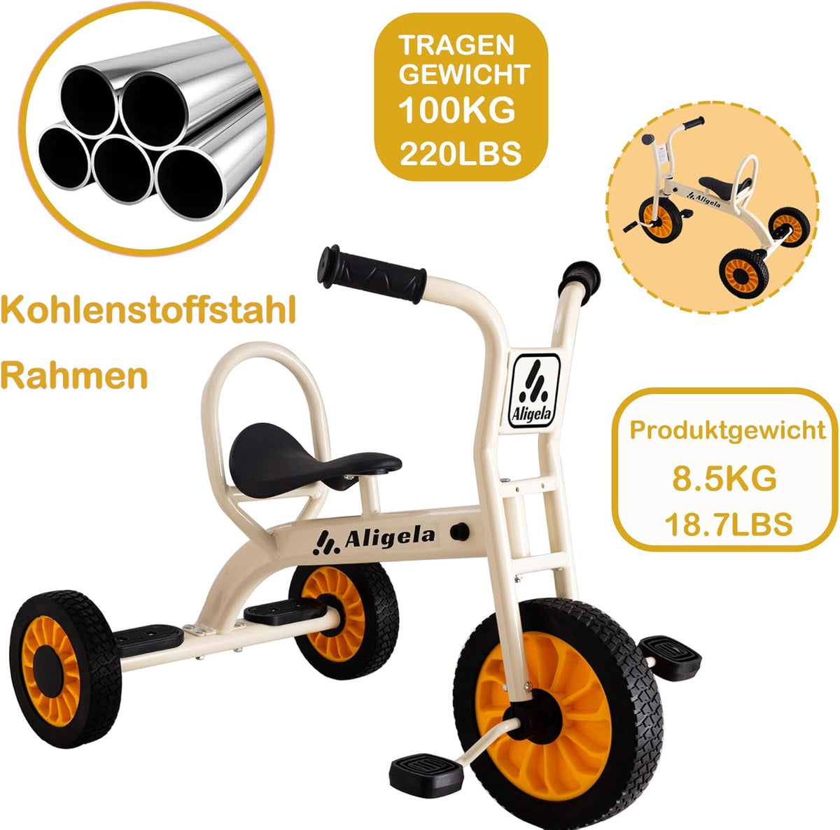 Kinderdriewieler, voorschoolse driewieler met koolstofstalen frame, 85 cm x 65 cm, rood, draagvermogen 220 lb, beige-wit
