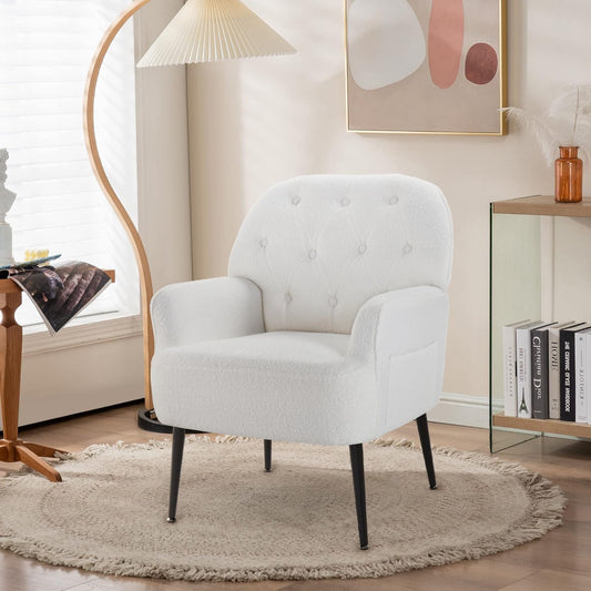 IWMH Armchair for Living Room, Teddy Fluffy Fabric Accent Chair for Bedroom, Tub Chair Reading Chair Comfortable Large Mid-Century Occasion Chair, Metal Legs, White - QUORE