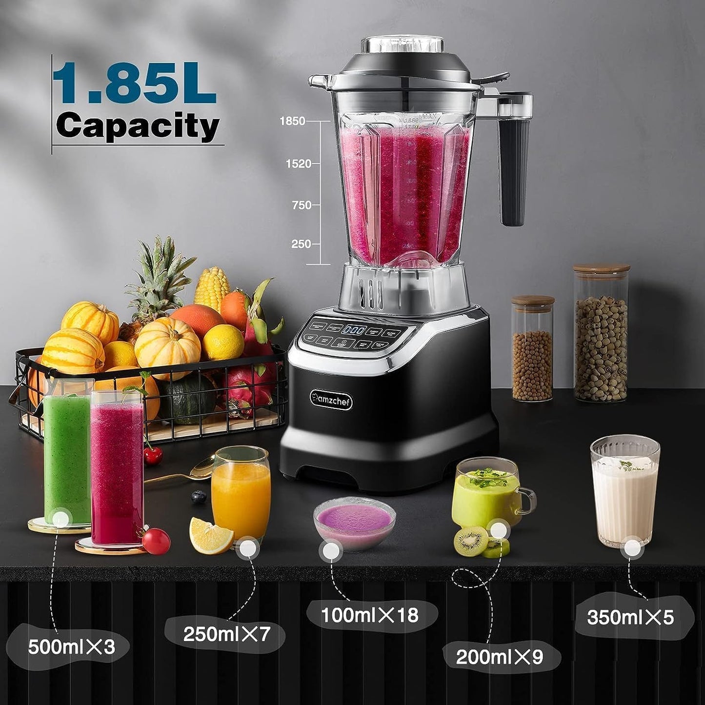 AMZCHEF Blender Smoothie Maker Twee Blending Containers - Smoothiemaker High Performance Mixer met LED - 1200W 20000 RPM Elektrische Juicer Blender - 6 Pro-Sharp 3D Blades - Zwart
