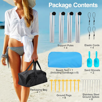 Rhino Valley Strandtent, 7 x 6,5 FT strandschaduw UPF50+ bescherming, strandluifel met 8 zandzakken, 4 stabiliteitspalen, outdoor strandtent, zonnescherm voor zand, camping, visbenodigdheden