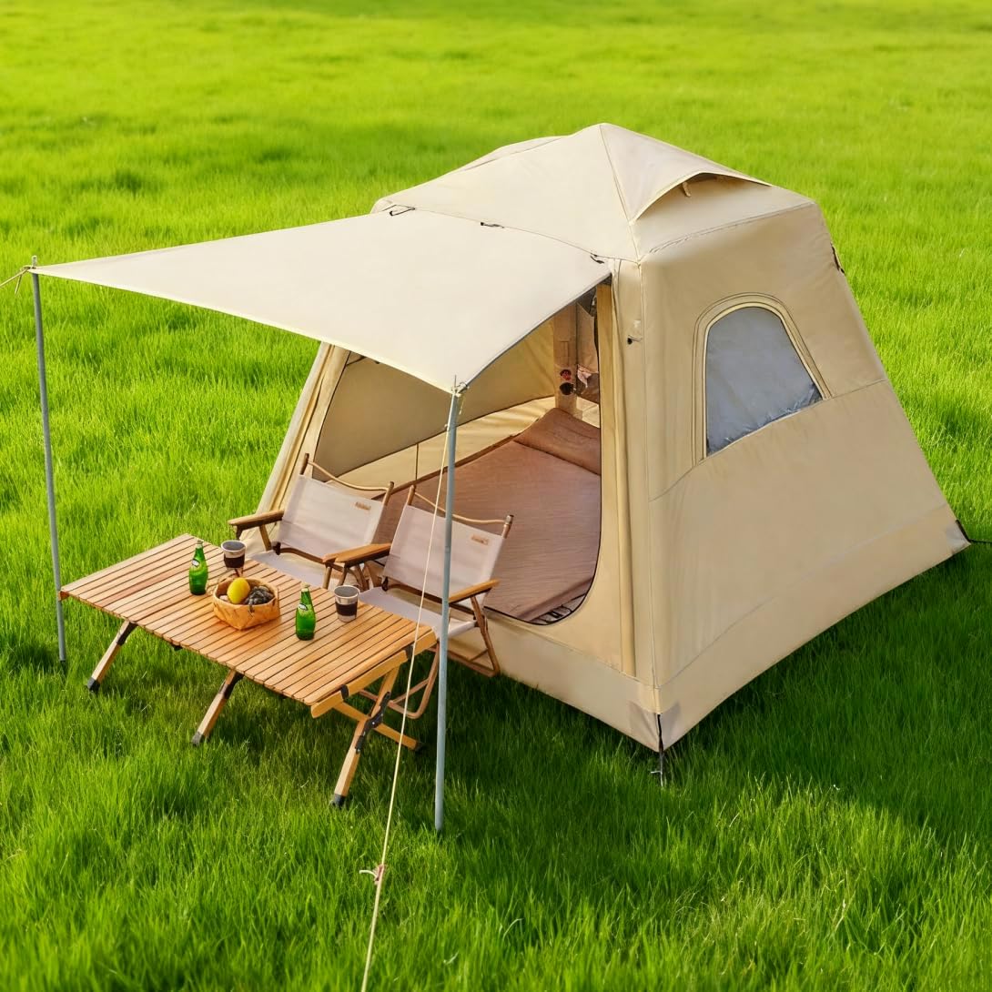Ruime opblaasbare tent voor 4 personen, snel op te zetten, campingtent, waterdicht (2000 mm+), 4-seizoenen familietent met eenvoudige montage