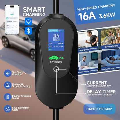 Type 2 EV-Oplader 3,68 kW [6 m 6-16 A 1-fasig], APP Enabled Type 2 Oplaadkabel Schuko Oplaadkabel Elektrische Auto, Instelbare stroom & Vertraagd opladen