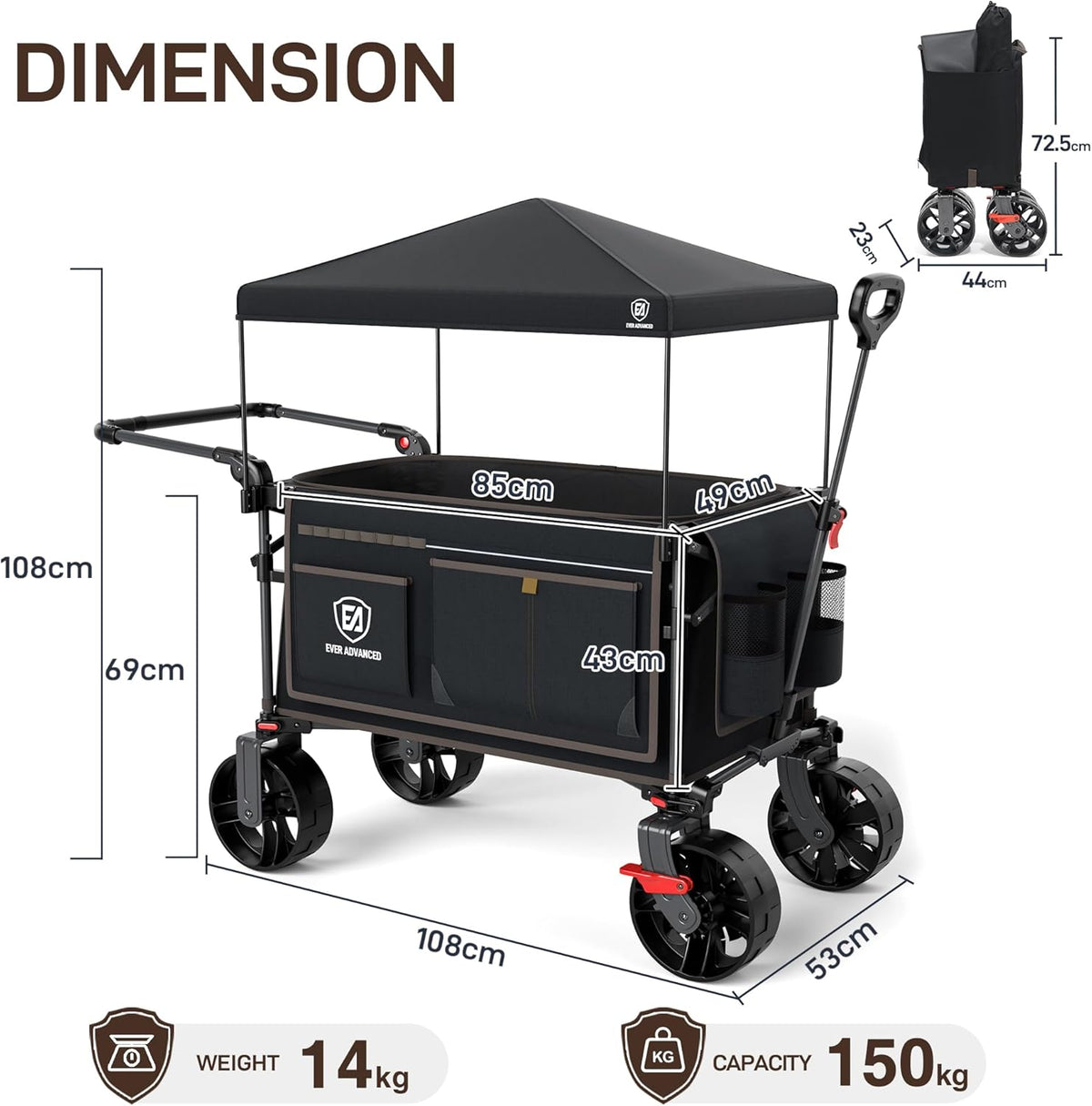 EVER ADVANCED 225L festivalwagen op wielen met afneembare luifel, 150 kg zware campingwagen, push & pull strandkar met 3 grote zakken, tuinvouwwagen vissen