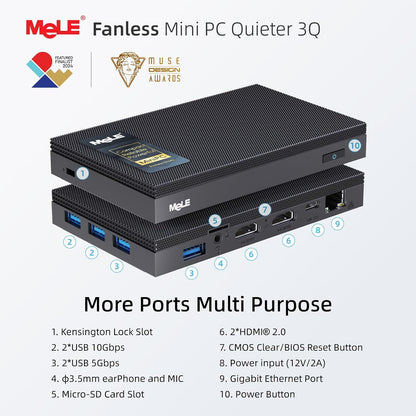 MeLE Fanless Mini PC Quieter3Q N5100 8 GB geheugen 256 GB, opslag, SSF microcomputer, kleine desktop USB-C PD3.0, Gigabit Ethernet, Dual HDMI, automatisch inschakelen voor IoT en industrie