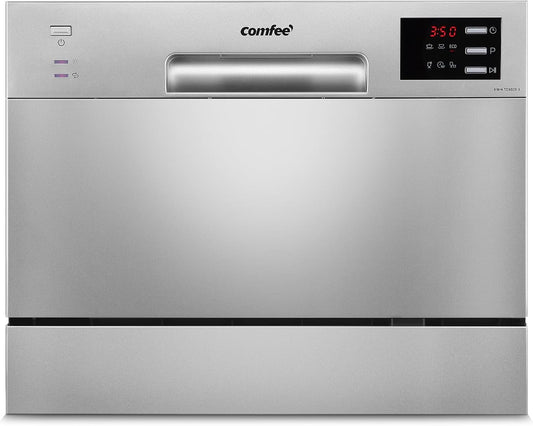 COMFEE' Compacte tafel-vaatwasser TD602E-S mini-vaatwasser met 6 couverts, 6 programma's, led-display, tijdvertraging en wasfunctie in niet-piekuren - zilver