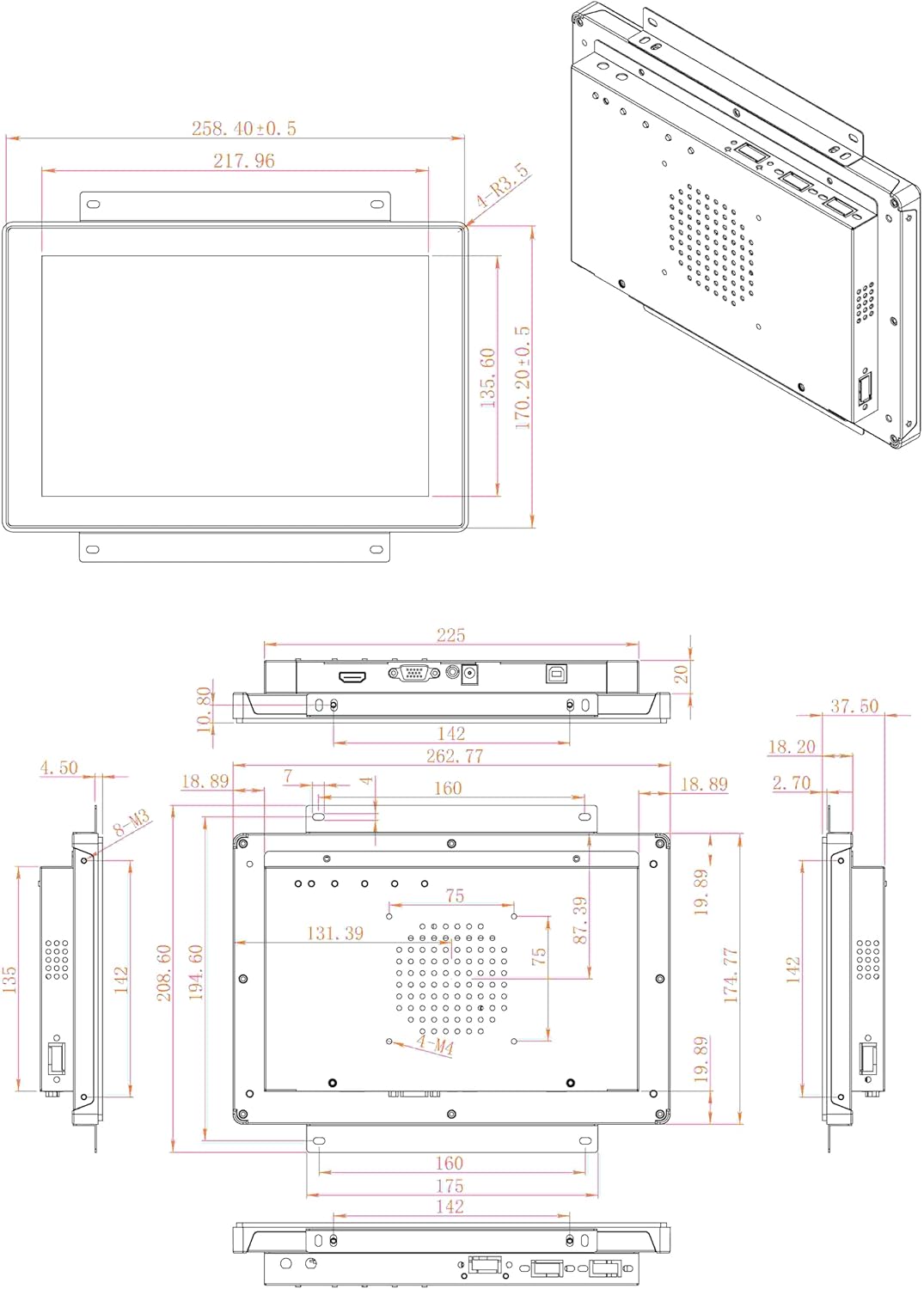 VSDISPLAY 10,1 inch industrieel touchscreen, 1280 x 800, 250 nits, IP65 frontbescherming, 10-punts capacitieve touch, groot temperatuurbereik, metalen structuur